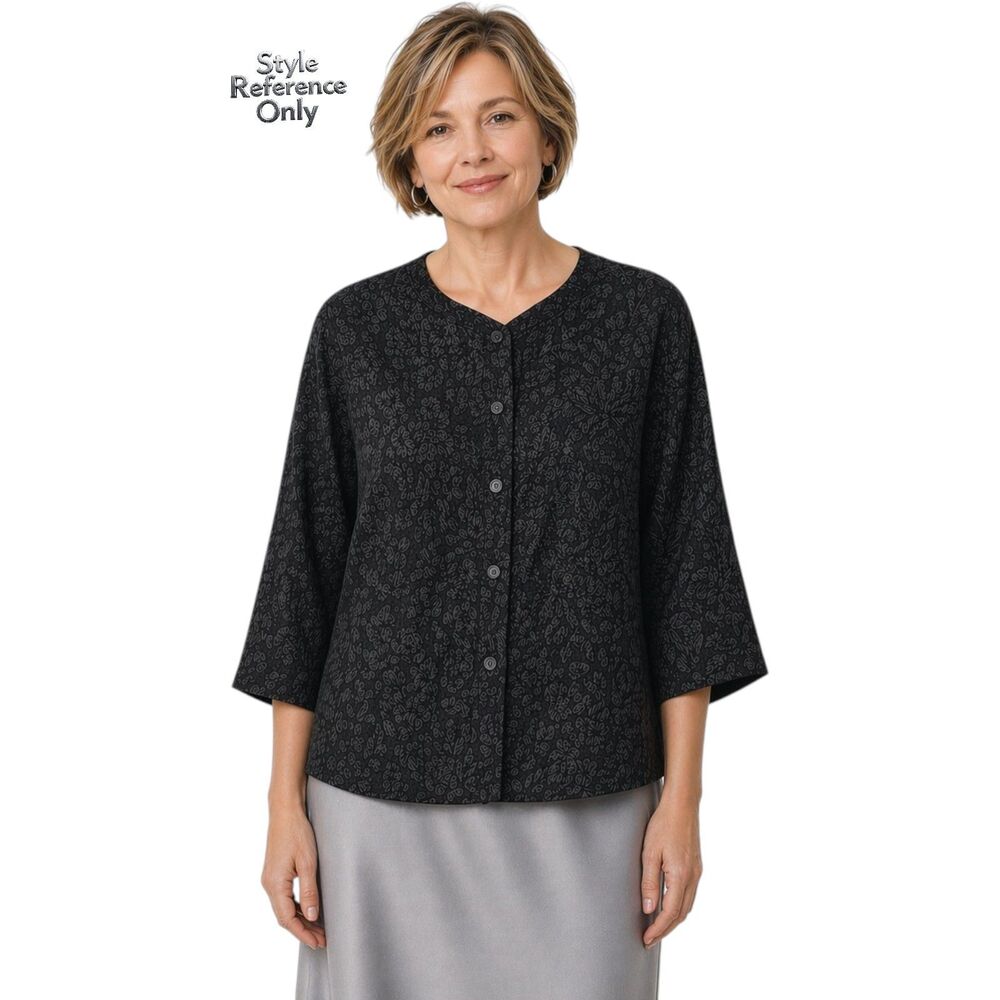 URU Venice Black Textured Silk Mandarin Collar Button-Down Blouse Size Small EUC